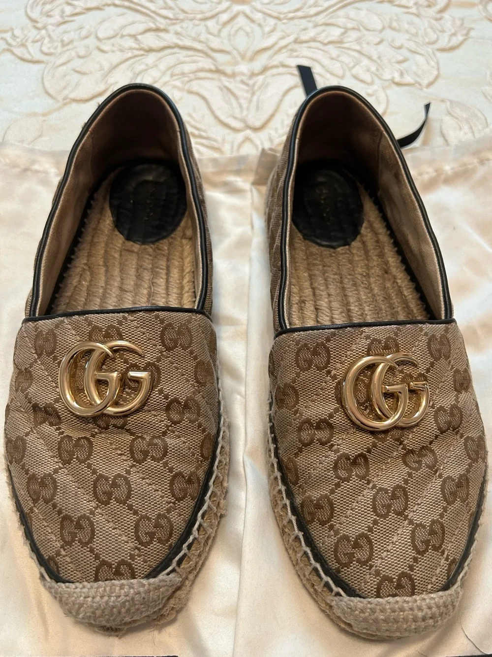 Gucci Brown Monogram GG Espadrille Slip-On Loafers with Gold Double-G